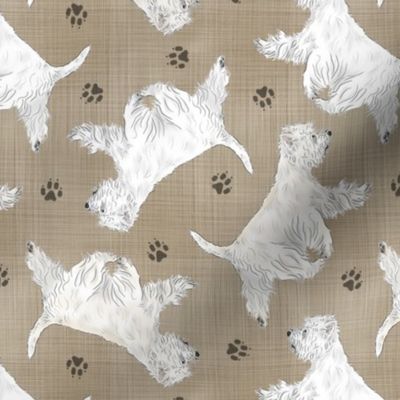 Trotting West Highland White Terriers and paw prints - faux linen