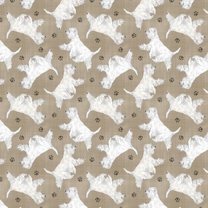 Trotting West Highland White Terriers and paw prints - faux linen