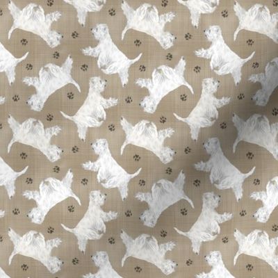 Tiny Trotting West Highland White Terriers and paw prints - faux linen