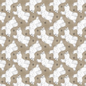 Trotting Maltese and paw prints - faux linen