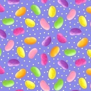 Colorful Jellybeans on Periwinkle with Polka Dots