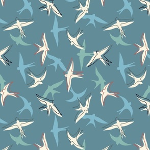 Flying Swallows in blue green