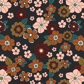 Little retro Scandinavian ditsy flowers vintage blossom fall design with petals blush rust brown caramel green teal on charcoal gray 
