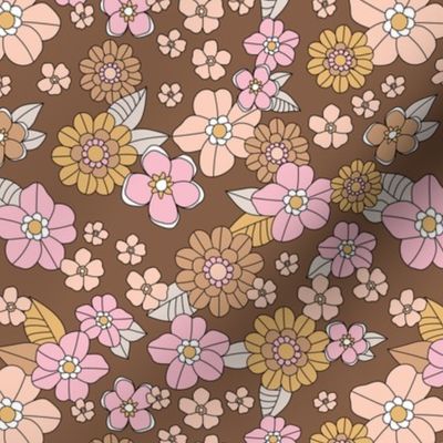 Little retro Scandinavian ditsy flowers vintage blossom fall design with petals and roses pink honey blush on rust brown seventies