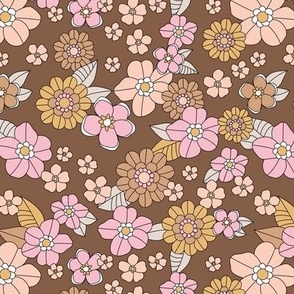 Little retro Scandinavian ditsy flowers vintage blossom fall design with petals and roses pink honey blush on rust brown seventies