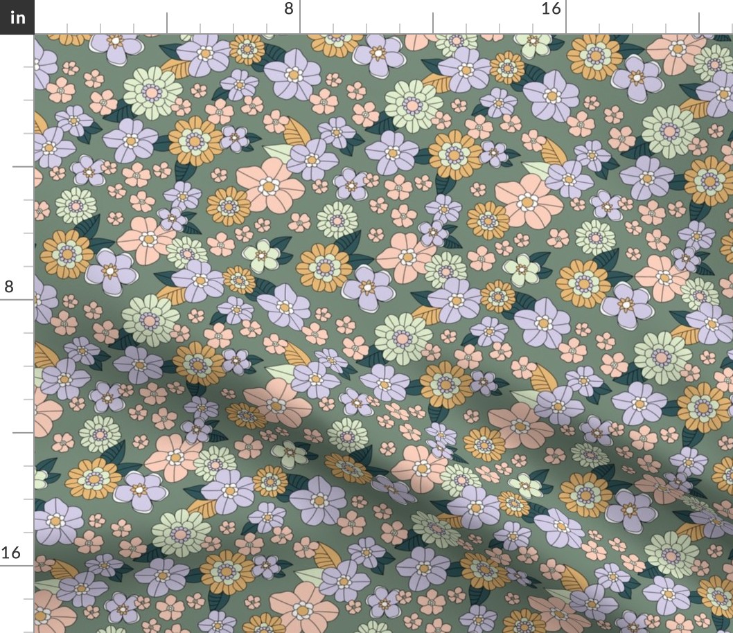 Little retro Scandinavian ditsy flowers vintage blossom fall design with petals and roses lilac blush mint on olive green