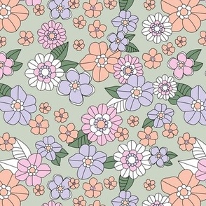 Little retro Scandinavian ditsy flowers vintage blossom fall design with petals and roses peach lilac pink on mint green