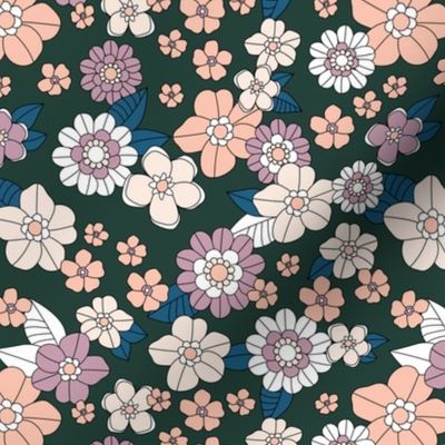 Little retro Scandinavian ditsy flowers vintage blossom fall design with petals and roses peach blush blue lilac on emerald green