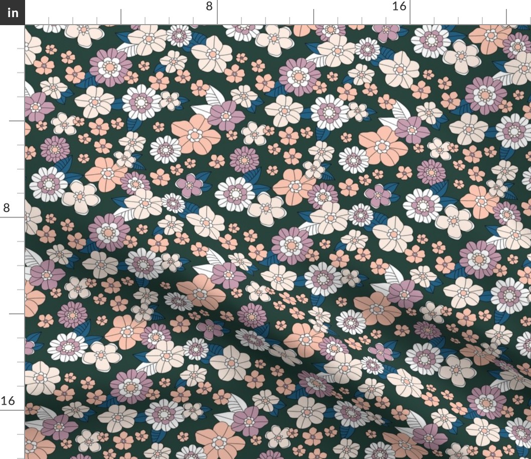 Little retro Scandinavian ditsy flowers vintage blossom fall design with petals and roses peach blush blue lilac on emerald green