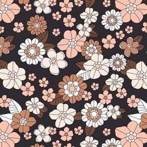 Little retro Scandinavian ditsy flowers vintage blossom fall design with petals and roses blush peach caramel brown on charcoal gray