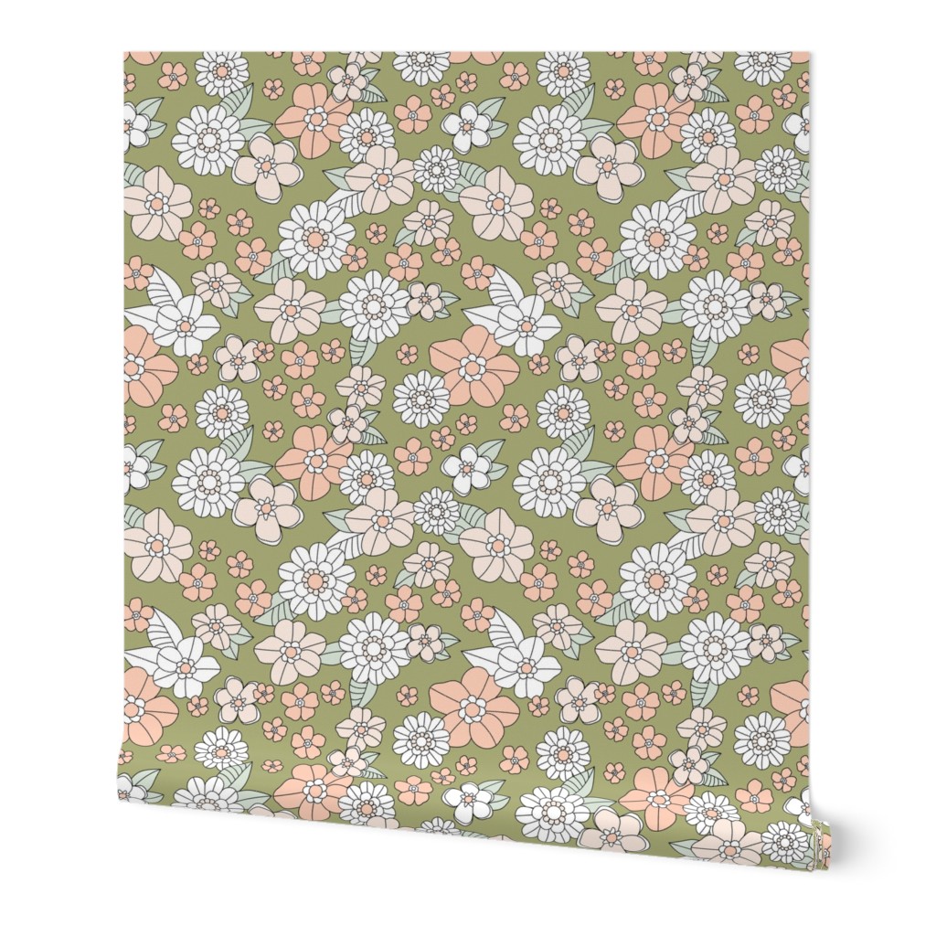 Little retro Scandinavian ditsy flowers vintage blossom fall design with petals and roses olive blush peach white