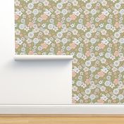 Little retro Scandinavian ditsy flowers vintage blossom fall design with petals and roses olive blush peach white