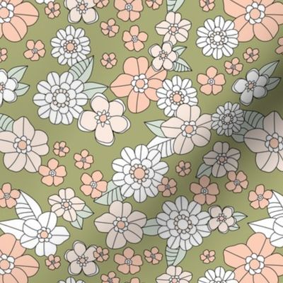 Little retro Scandinavian ditsy flowers vintage blossom fall design with petals and roses olive blush peach white