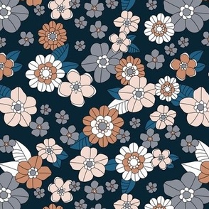 Little retro Scandinavian ditsy flowers vintage blossom fall design with petals and roses navy blue gray caramel
