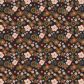 Little retro Scandinavian ditsy flowers vintage blossom fall design with petals blush rust brown caramel green teal on charcoal gray  SMALL