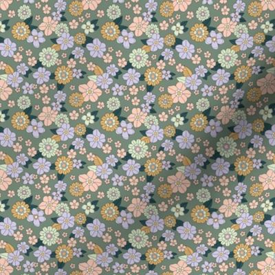 Little retro Scandinavian ditsy flowers vintage blossom fall design with petals and roses lilac blush mint on olive green SMALL