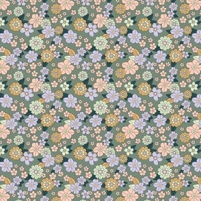 Little retro Scandinavian ditsy flowers vintage blossom fall design with petals and roses lilac blush mint on olive green SMALL