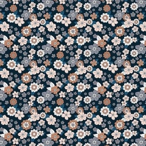 Little retro Scandinavian ditsy flowers vintage blossom fall design with petals and roses navy blue gray caramel SMALL