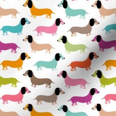 Little pixie dogs adorable dachshund puppies kids colorful nursery print pink blue green in white