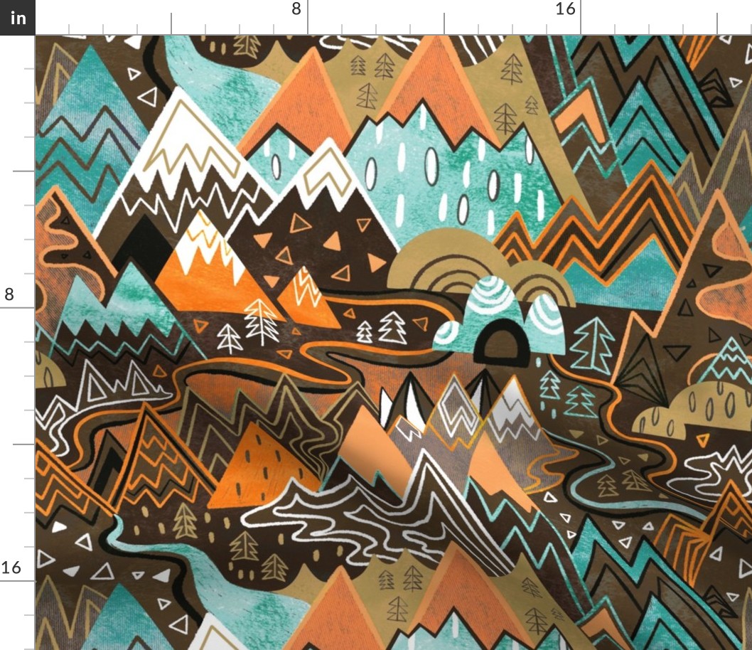Maximalist Mountain Maze - Chocolate Brown, Mint & Orange - Large Scale