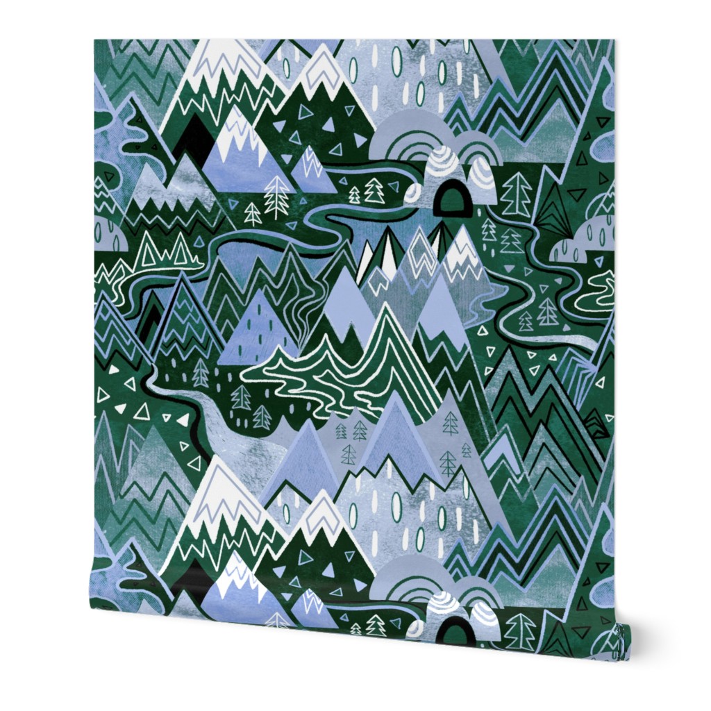 Maximalist Mountain Maze - Periwinkle Purple & Forest Green - Large Scale