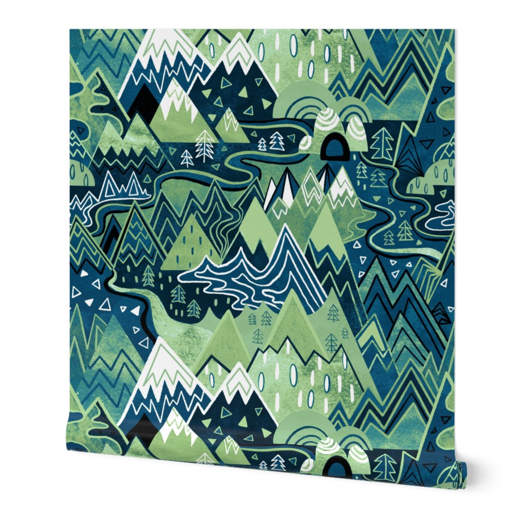 Maximalist Mountain Maze - Pastel Green & Royal Blue - Large Scale