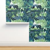 Maximalist Mountain Maze - Pastel Green & Royal Blue - Large Scale