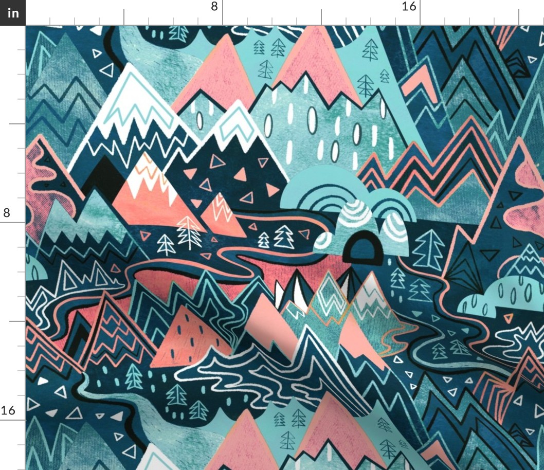 Maximalist Mountain Maze - Pastel Pink & Aqua - Large Scale