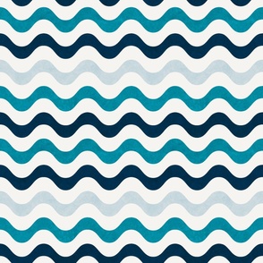 Large Scale Wavy Stripes Nautical Ocean Turquoise Navy Blue Grey on White
