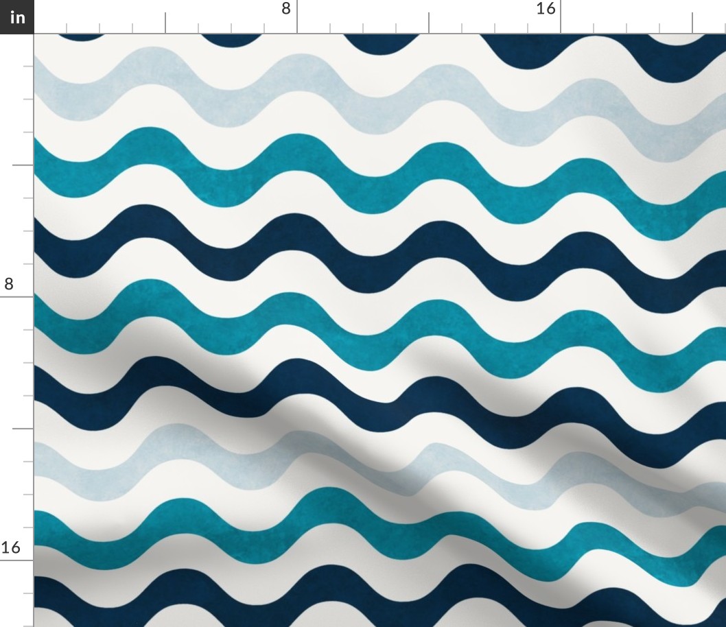 Large Scale Wavy Stripes Nautical Ocean Turquoise Navy Blue Grey on White