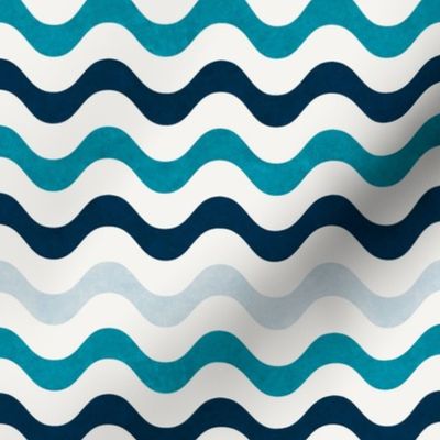 Medium Scale Wavy Stripes Nautical Ocean Turquoise Navy Blue Grey on White