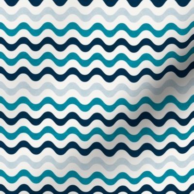 Small Scale Wavy Stripes Nautical Ocean Turquoise Navy Blue Grey on White