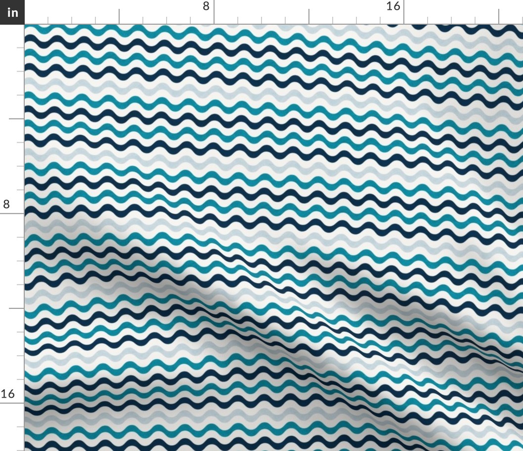 Small Scale Wavy Stripes Nautical Ocean Turquoise Navy Blue Grey on White