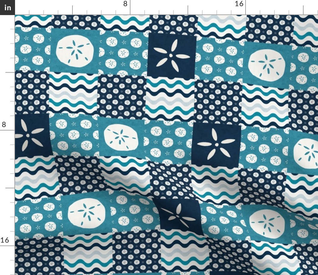 Smaller Patchwork 3" Square Cheater Quilt Beach Sand Dollars Stripes Ocean Home