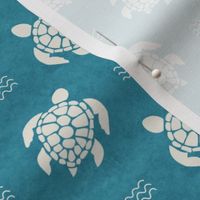 Medium Scale Sea Turtles on Turquoise Blue Ocean Water Background