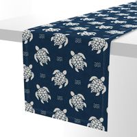 Large Scale Sea Turtles on Deep Sea Navy Blue Ocean Water Background