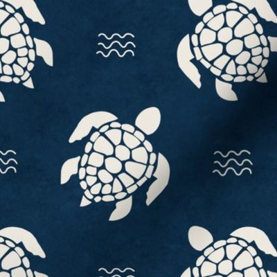 Large Scale Sea Turtles on Deep Sea Navy Blue Ocean Water Background
