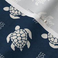 Medium Scale Sea Turtles on Deep Sea Navy Blue Ocean Water Background