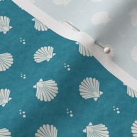 Small Scale Scallop Shells on Turquoise Blue Ocean Water Background