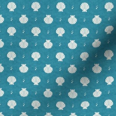 Small Scale Scallop Shells on Turquoise Blue Ocean Water Background