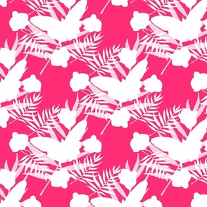 Tropical Butterflies & Orchids - white on lipstick pink, medium to large 