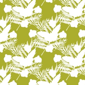 Tropical Butterflies & Orchids - white on olive green, medium to large 