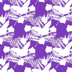 Tropical Butterflies & Orchids - white on violet purple, medium to large 