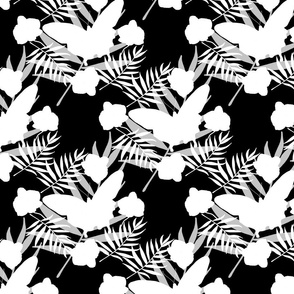 Tropical Butterflies & Orchids - white on black, medium to large 
