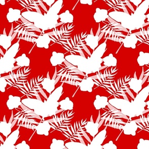 Tropical Butterflies & Orchids - white on ruby red, medium to large 