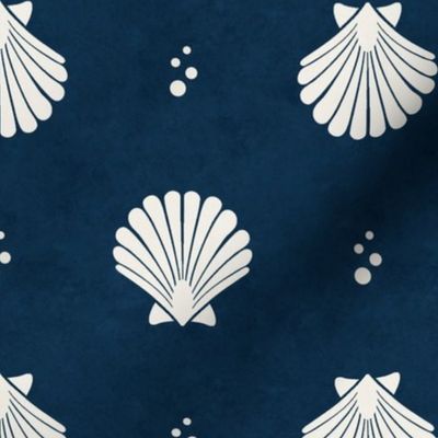 Large Scale Scallop Shells on Deep Blue Sea Navy Blue Ocean Water Background