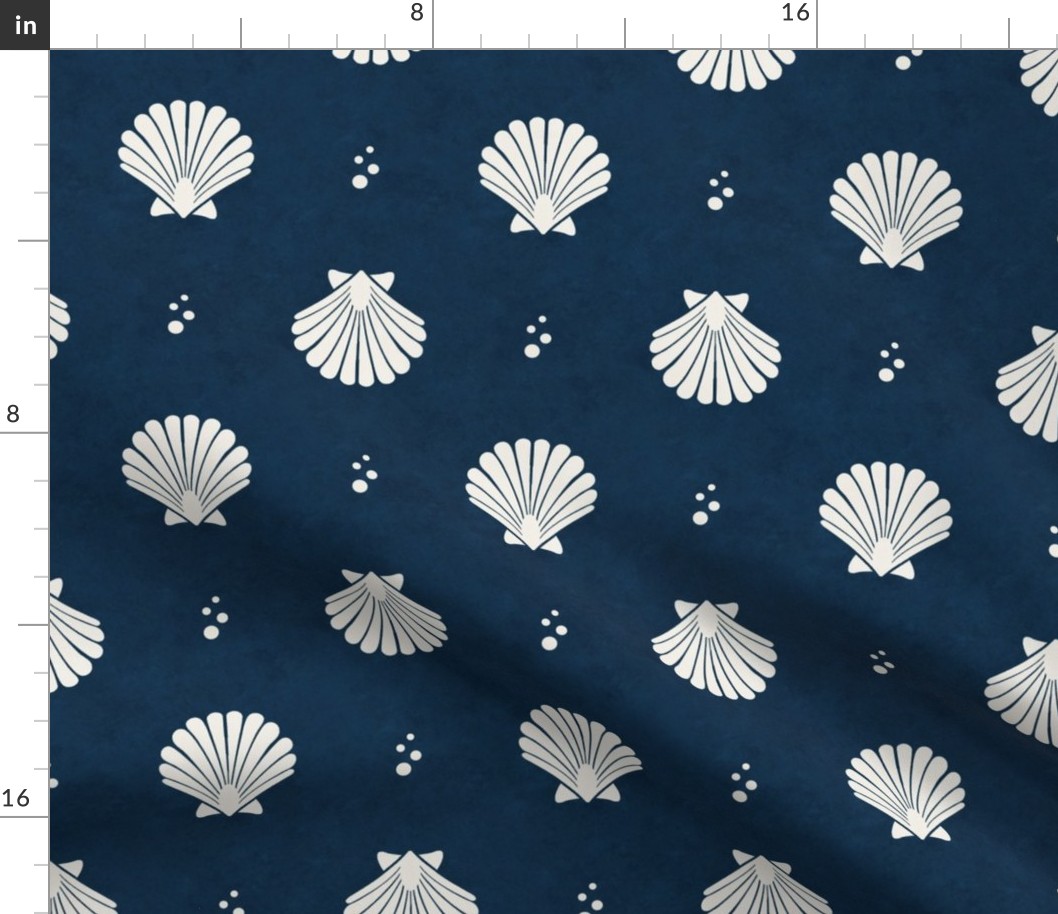 Large Scale Scallop Shells on Deep Blue Sea Navy Blue Ocean Water Background