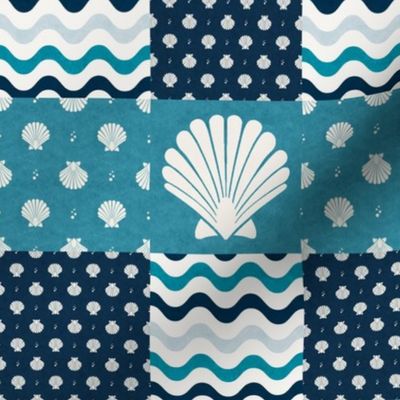 Smaller Patchwork 3" Square Cheater Quilt Scallop Shells Ocean Beach Home