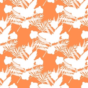 Tropical Butterflies & Orchids - white on papaya orange, medium to large 