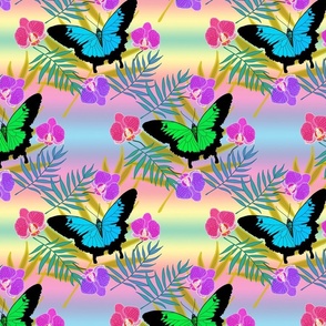 Tropical Butterflies & Orchids #1 - rainbow, medium to large  